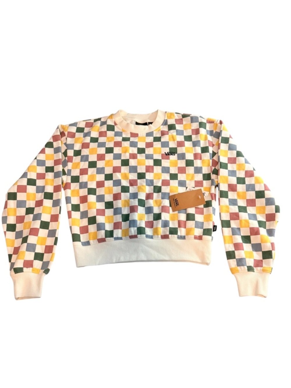 Classic Vans Women's Checkerboard Crewneck Sweatshirt Yellow, Green, Pink, Cream